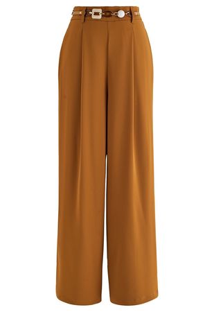 Pleat Front Wide-Leg Belted Pants in Pumpkin - Retro, Indie and Unique Fashion
