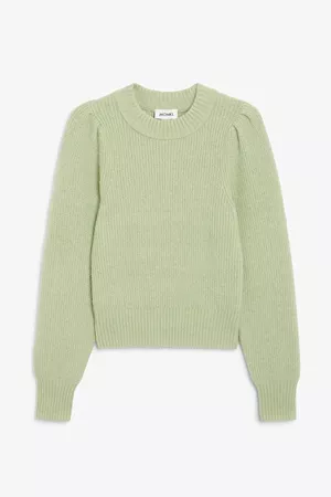 Puffed sleeve knit sweater - Light green - Jumpers - Monki ES