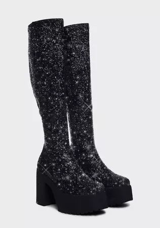 Lamoda x Dolls Kill Glitter Platform Heel Knee High Boots - Black