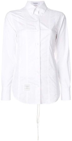 Lace-up Back Long Sleeve Button Down Point Collar Shirt In Solid Poplin