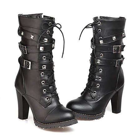 Amazon.com | Susanny Women's Mid Calf Leather Boots High Heel Lace Up Military Buckle Motorcycle Cowboy Ankle Booties | Mid-Calf