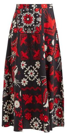 Floral And Bird Print Cotton Maxi Skirt - Womens - Black Multi