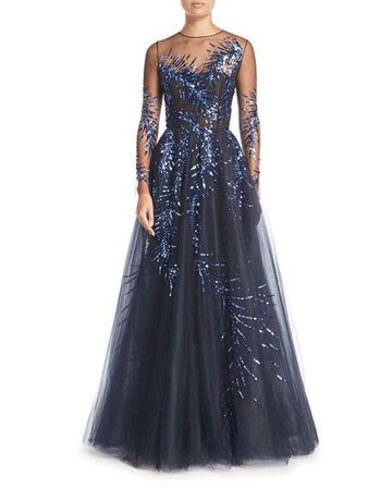 Long-Sleeve Illusion Tulle Evening Gown w/ Sequined Embellishments