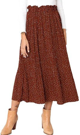 Exlura Womens High Waist Polka Dot Pleated Skirt Midi Swing Skirt with Pockets Coffee Small at Amazon Women’s Clothing store