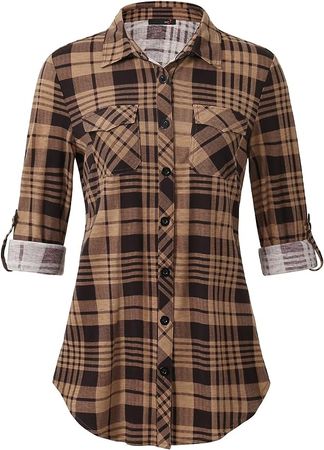 DJT Womens Button Down Shirts Roll Up Long Sleeve Plaid Shirt Tops Large Coffee at Amazon Women’s Clothing store