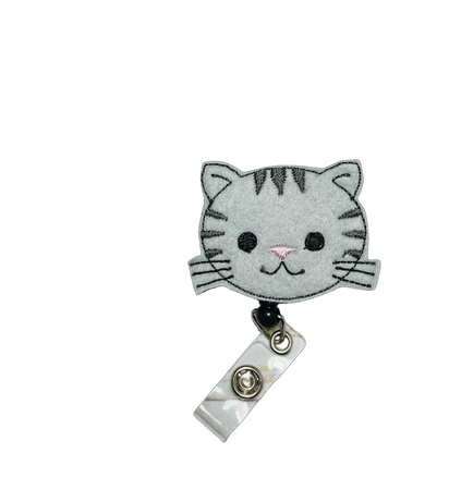 Grey Cat retractable Badge reel, ID badge holder, ID card holder, ID badge reel, nurse gift, librarian gift