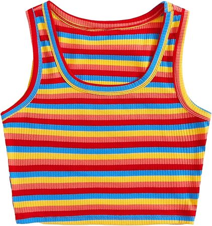 Romwe Women's Rainbow Striped Sleeveless Round Neck Ribbed Tank Crop Top Vest Multicolor S at Amazon Women’s Clothing store