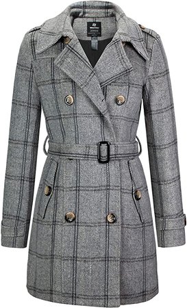 Amazon.com: Wantdo Women's Winter Long Double Breasted Warm Pea Coat with Belt Plaid M: Clothing