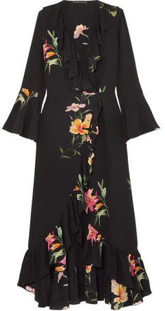 Ruffled Floral-print Silk Crepe De Chine Wrap Dress - Black