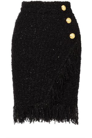 Balmain | Wrap-effect button-embellished fringed metallic tweed skirt | NET-A-PORTER.COM