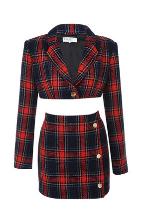 Clothing : 2 Pieces : 'Rania' Red Tartan Jacket & Skirt Two Piece