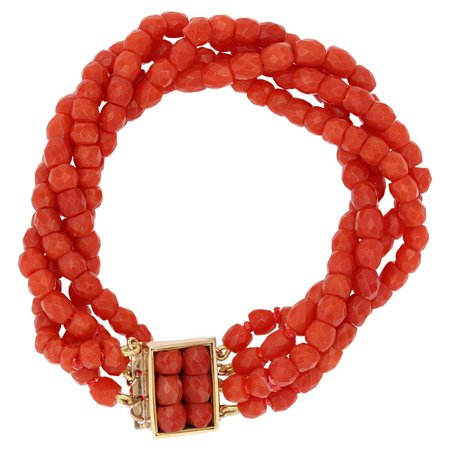 19th Century French Faceted Coral, Pearl, And 18kt Yellow Gold Bracelet