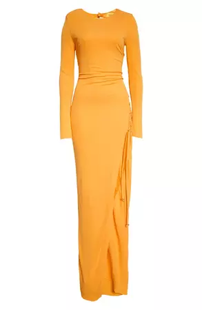 DUNDAS Long Sleeve Lace-Up Open Back Evening Gown | Nordstrom