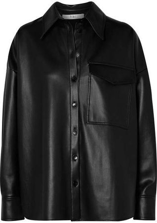 Oversized Faux Leather Shirt - Black
