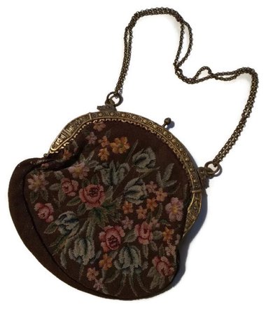 Cocoa Garden Flower Design Petit Point Embroidered Handbag w/ Swans circa 1910s