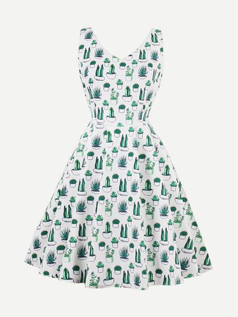 V Neckline Cactus Print Dress
