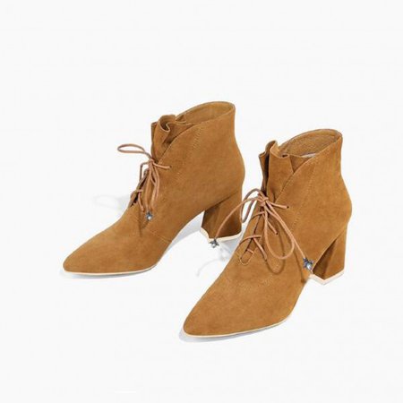 Ginger Suede Lace up Boots Pointy Toe Block Heel Ankle Booties for Date | FSJ