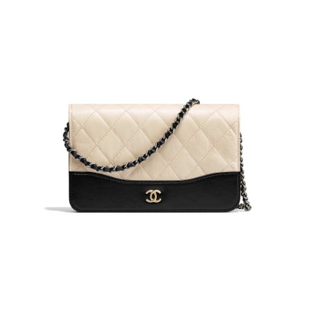 Aged Calfskin, Smooth Calfskin, Silver-Tone & Gold-Tone Metal Beige & Black Wallet on Chain | CHANEL