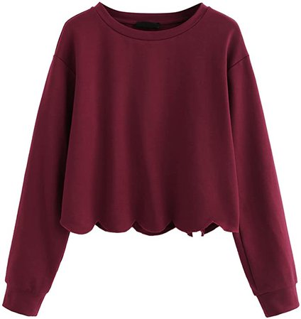 Romwe Women's Casual Long Sleeve Scalloped Hem Crop Tops Sweatshirt at Amazon Women’s Clothing store