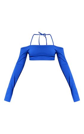 Bright Blue Stretch Halterneck Bardot Crop Top | PrettyLittleThing USA
