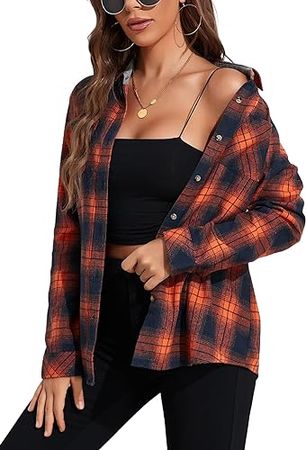 KevaMolly Plaid Long Sleeve Flannel Shirts for Women Loose Fit Boyfriend Button Down Shirt Casual Flannel Blouse Tops Orange Navy XL at Amazon Women’s Clothing store