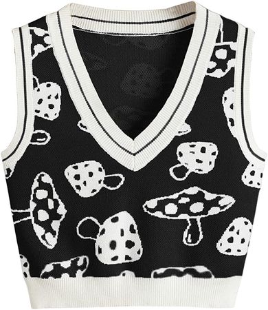 SweatyRocks Women's Sleeveless V Neck Knit Sweater Vest Skull Print Crop Tank Top Black White S at Amazon Women’s Clothing store