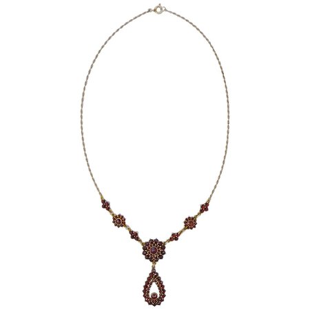 Vintage Silver Gilt and Bohemian Garnet Drop Pendant Lavalier Necklace For Sale at 1stDibs