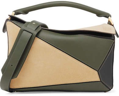 Puzzle Color-block Suede And Leather Shoulder Bag - Green