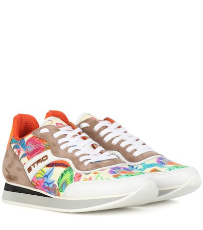 Printed leather and suede sneakers