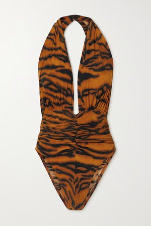 Slinky Marissa Ruched Tiger-print Halterneck Swimsuit - Brown