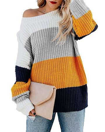 HZSONNE Women's Casual Color Block Chunky Stripe Cable Knitted Crew Neck Loose Pullover Sweaters Jumper Tops at Amazon Women’s Clothing store