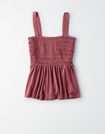 AE Smocked Babydoll Tank Top, Dark Tan | American Eagle Outfitters