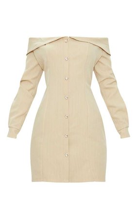 Stone Striped Bardot Button Detail Bodycon Dress | PrettyLittleThing
