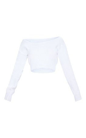 White V Neck Off Shoulder Knitted Cropped Jumper | PrettyLittleThing