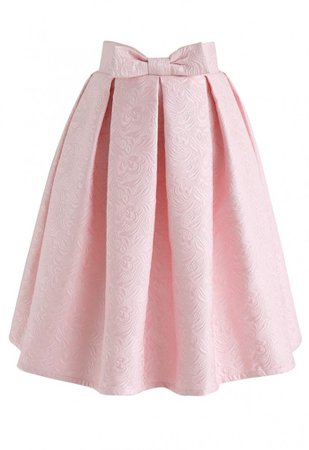 Bowknot Pleated Jacquard Midi Skirt in Pink - NEW ARRIVALS - Retro, Indie and Unique Fashion