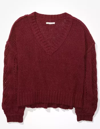 AE Cropped Pointelle V-Neck Sweater red