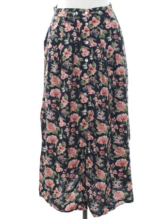 1980's Skirt (Care Label Only): Late 80s -Care Label Only- Womens dark grey with shades of peach, green and white floral print background rayon midlength totally 80s skirt with pleated button front and inset pockets at the hips.