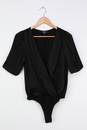 Surplice Bodysuit - Black Bodysuit - Chic Satin Bodysuit