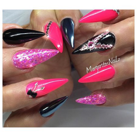 ~Hot (Electric) Pink & Black Sharp Stiletto Nails~