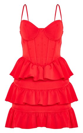 PLT Red Strappy Corset Tiered Skater Dress