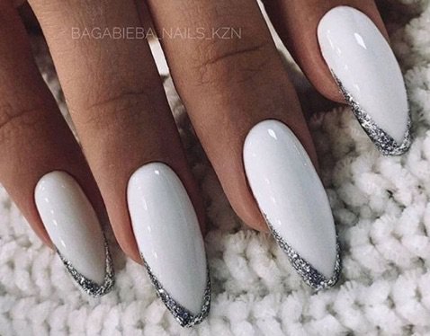 Glossy White Nails w/Silver Glitter Tips