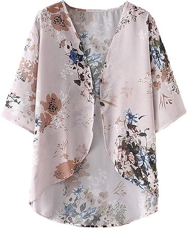 Chunoy Women Floral Print Lightweight Chiffon Kimono Cardigan Short Sleeve Loose Beach Wear Cover Up Blouse Top at Amazon Women’s Clothing store