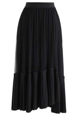 Mesh Asymmetric Hem Pleated Midi Skirt in Black - NEW ARRIVALS - Retro, Indie and Unique Fashion