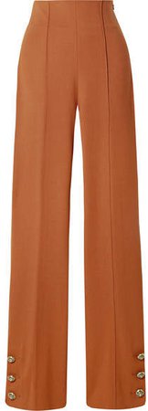 Button-embellished Stretch Wool-blend Twill Straight-leg Pants - Orange