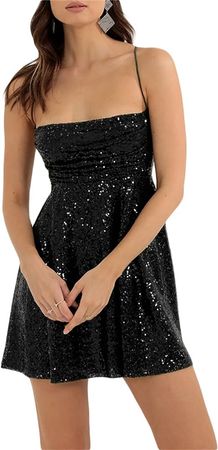 Amazon.com: FULA-bao Women Sparkly Sequin Mini Dress Spaghetti Strap Backless A-Line Tie Back High Waist Elegant Party Birthday Dress : Clothing, Shoes & Jewelry