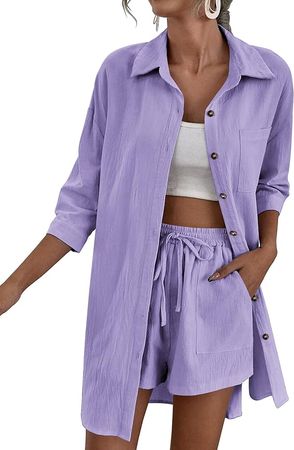 Zeagoo Women’s 2 Piece Lounge Tracksuit Outfit Sets Cotton Linen High Low Shirt and Drawstring Casual Shorts Set at Amazon Women’s Clothing store