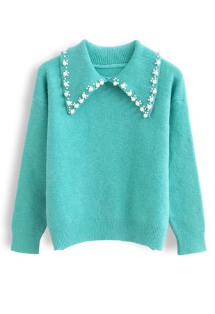 Pearl Trims Collar Soft Touch Knit Sweater in Mint - Retro, Indie and Unique Fashion