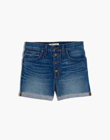 High-Rise Denim Shorts in Burke Wash: Button-Front Edition blue
