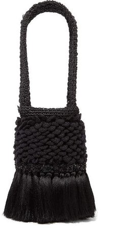 Honey Lavender Tasseled Embellished Crochet And Woven Straw Tote - Black