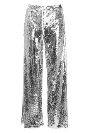 Petite Sequin Wide Leg Trousers | Boohoo silver